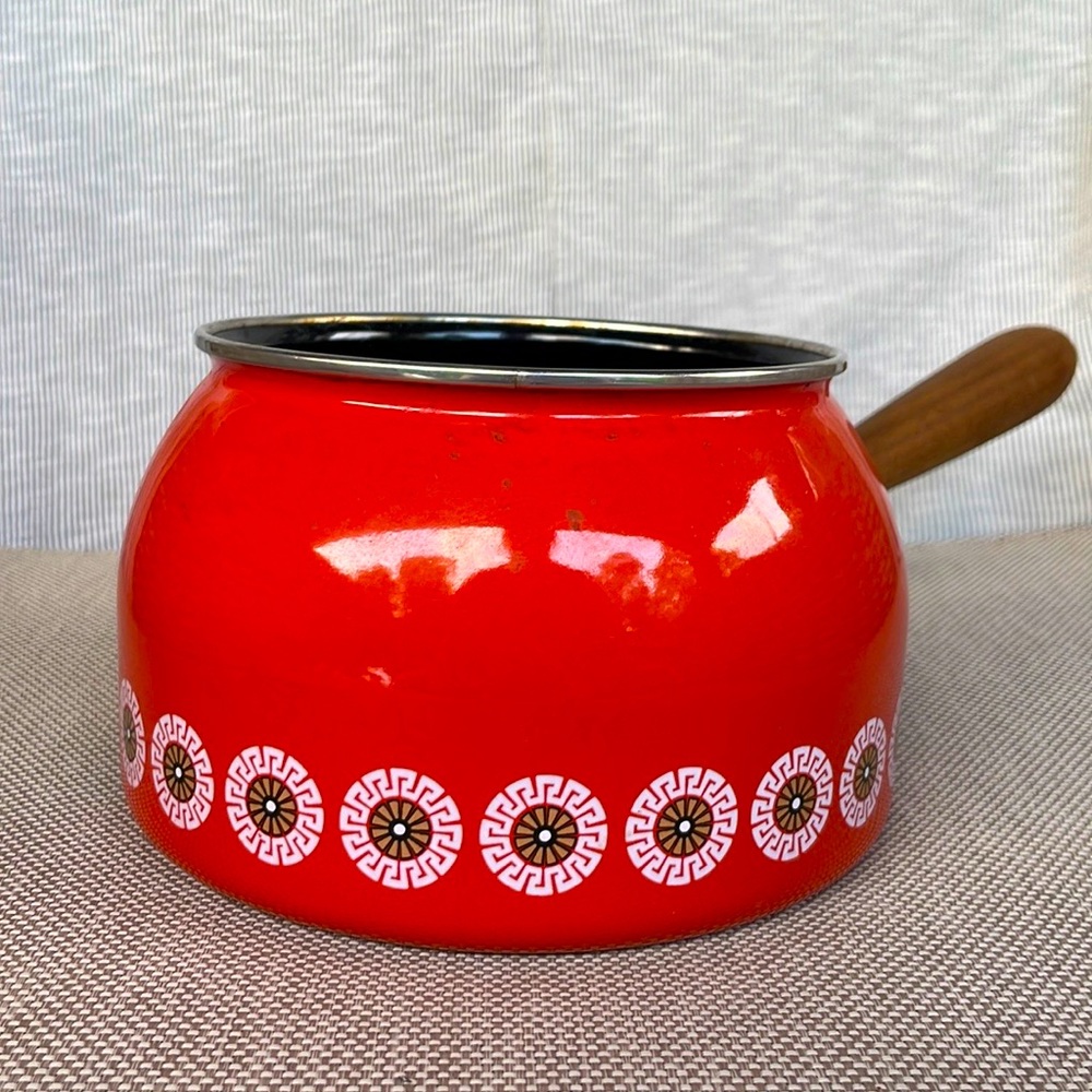 VTG Mid Century Modern Orange Enamel Fondue Pot